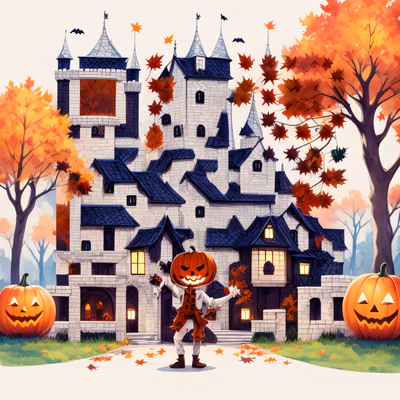 Pumpkin Head Halloween Castle Cartoon QR Code for Posters — image 1