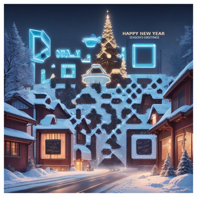Snowy Futuristic Village New Year QR Code for Greeting Cards