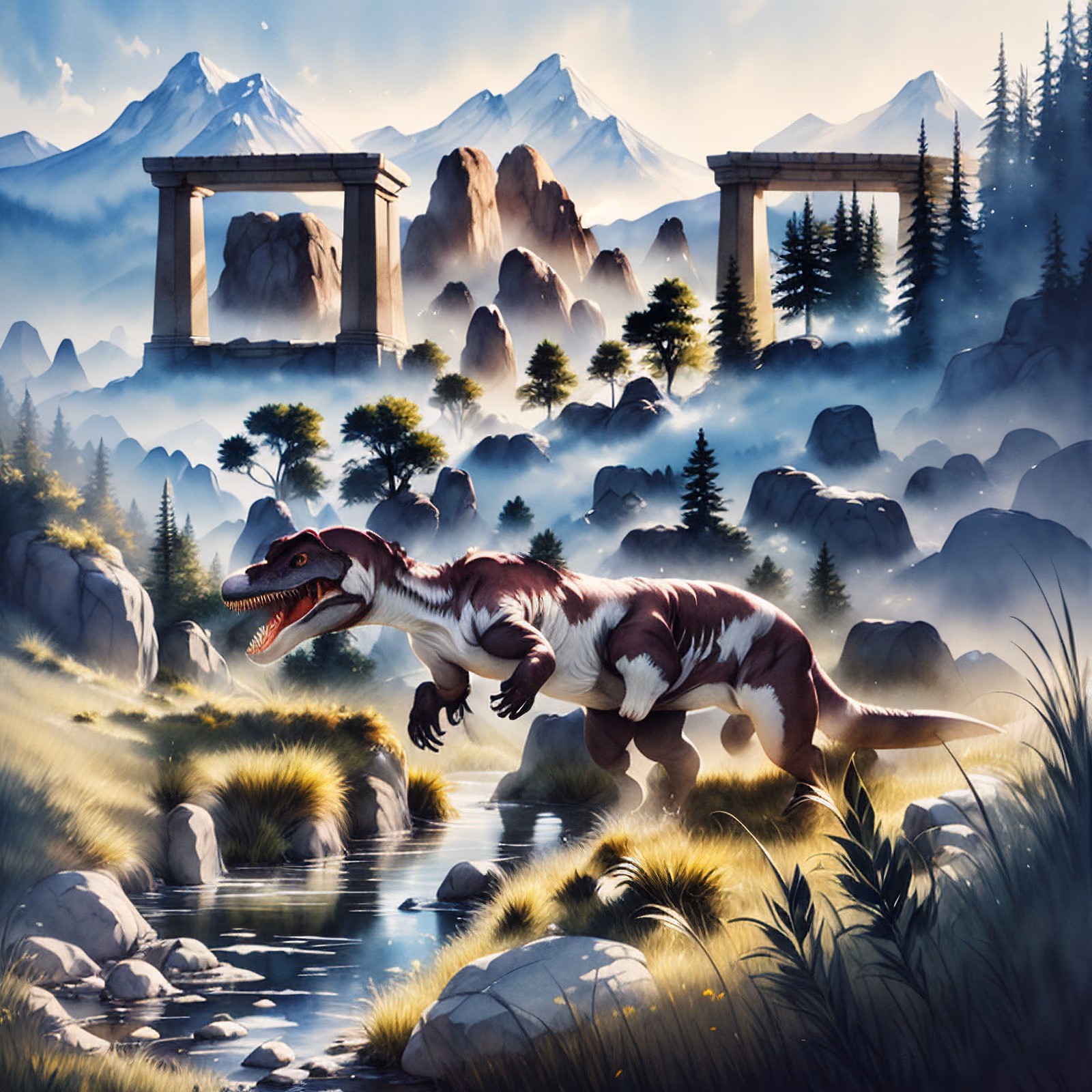 Roaring T-Rex Watercolor Landscape QR Code Art — image 1