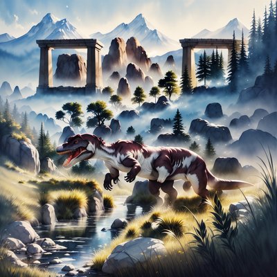Roaring T-Rex Watercolor Landscape QR Code Art