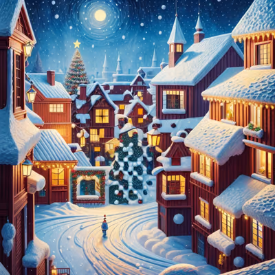 Snowy Christmas Village Oil Painting QR Code for Greeting Cards — image 1