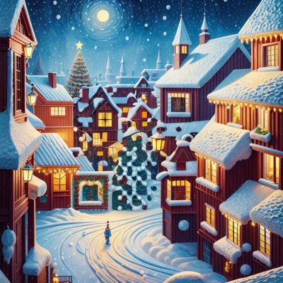 Snowy Christmas Village Oil Painting QR Code for Greeting Cards