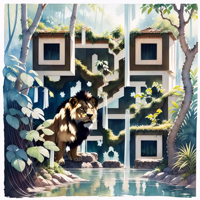 Lion at Jungle Pool Watercolor QR Code Art — image 1