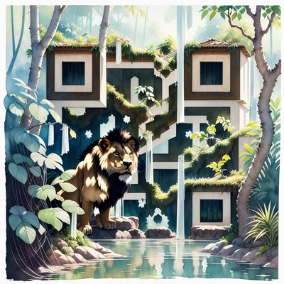 Lion at Jungle Pool Watercolor QR Code Art