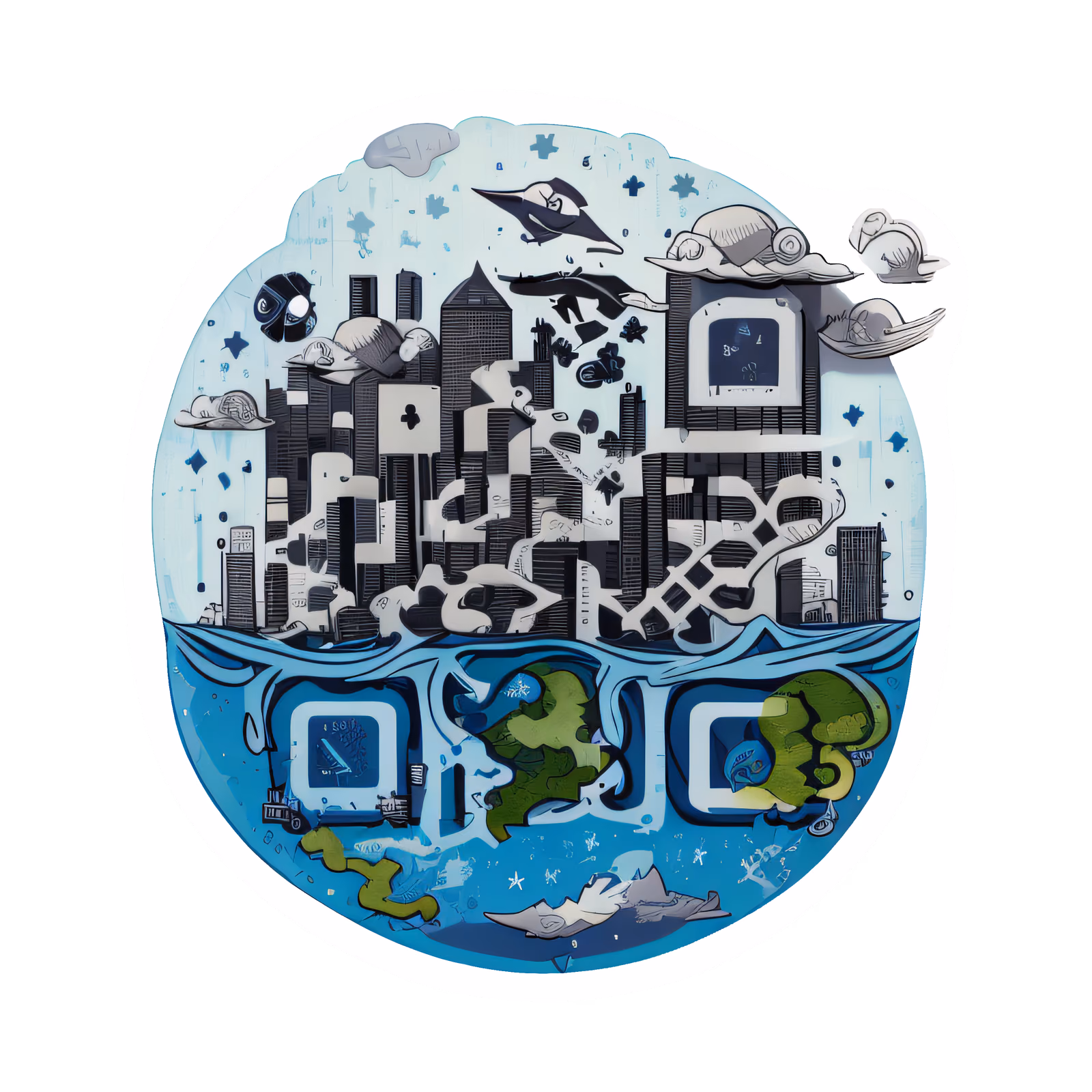 Затопленный город на горизонте в векторе: QR-код для стикеров — изображение 1