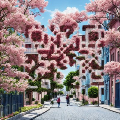Blossom Lined Street Photorealistic QR Code Art