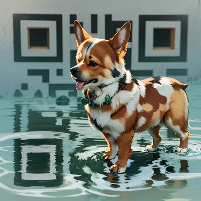 Corgi in Water Digital Painting QR Code for Posters