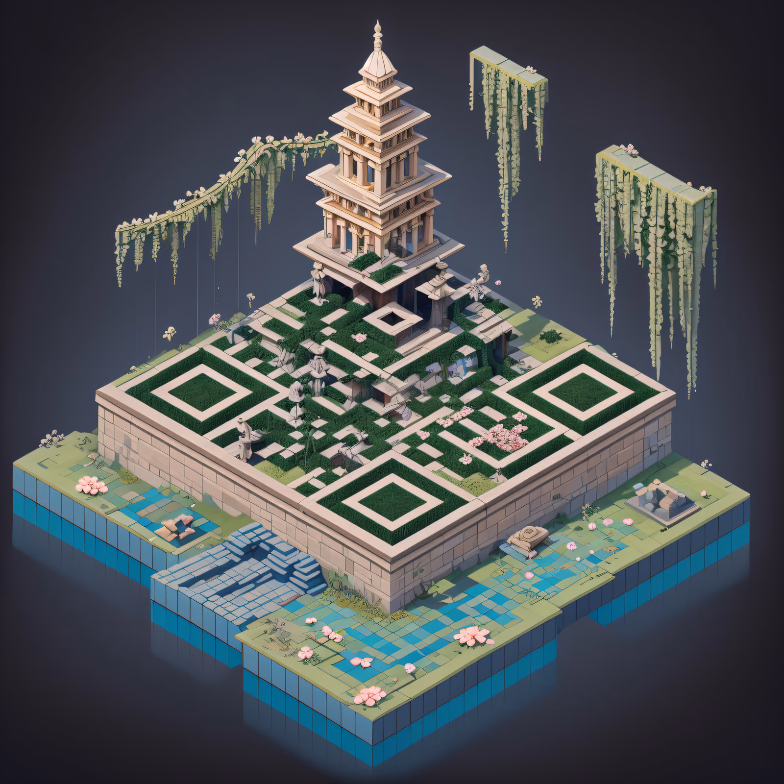 Isometric Overgrown Temple Pagoda QR Code Art — image 1
