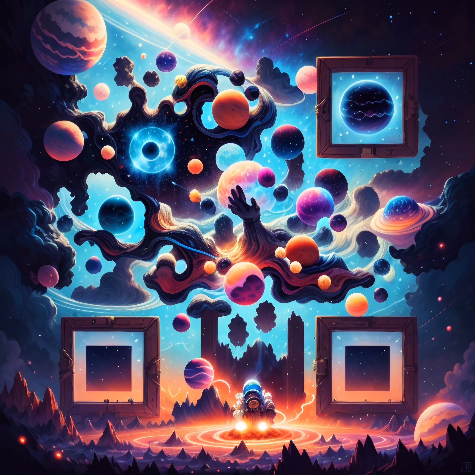宇宙星球与宇航员数字绘画二维码艺术,适用于海报 — 图片 1