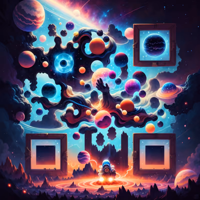 宇宙星球与宇航员数字绘画二维码艺术,适用于海报 — 图片 1