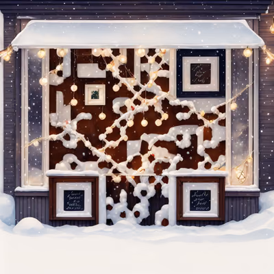 Заснеженная праздничная витрина: акварельный QR-код для открыток — изображение 1