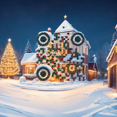 Snowy Christmas Town Digital Painting Wreaths QR Code for Greeting Cards — image 1