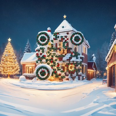 Snowy Christmas Town Digital Painting Wreaths QR Code for Greeting Cards