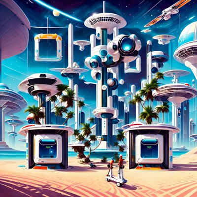 Retrofuturist Tropical Island Tower QR Code for Posters