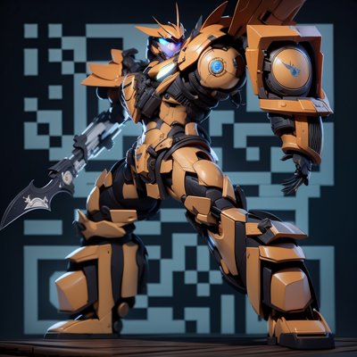 Orange Mecha Warrior 3D QR Code for Posters