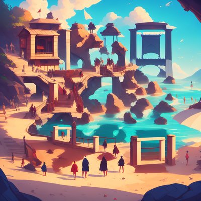 Фэнтезийный пляжный посёлок: концепт-арт QR-код для постеров