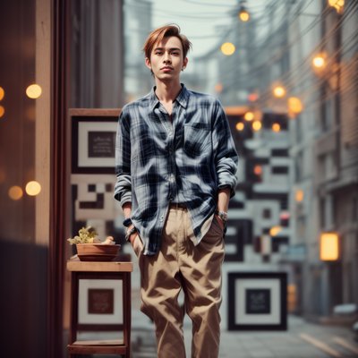 Plaid Shirt Man Street Portrait QR Code for Posters