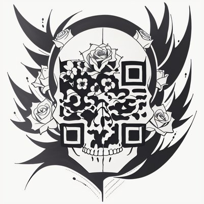 Skull and Roses Tattoo Ink Flowers QR Code for Temporary Tattoos