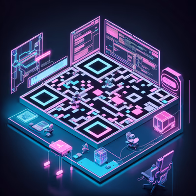 Isometric Cyberpunk Hacking Station QR Code for Posters — image 1