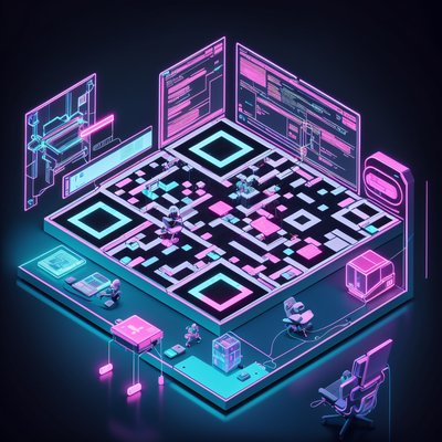 Isometric Cyberpunk Hacking Station QR Code for Posters