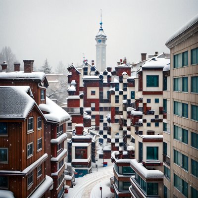 Заснеженный зимний городок, фотореализм: QR-код