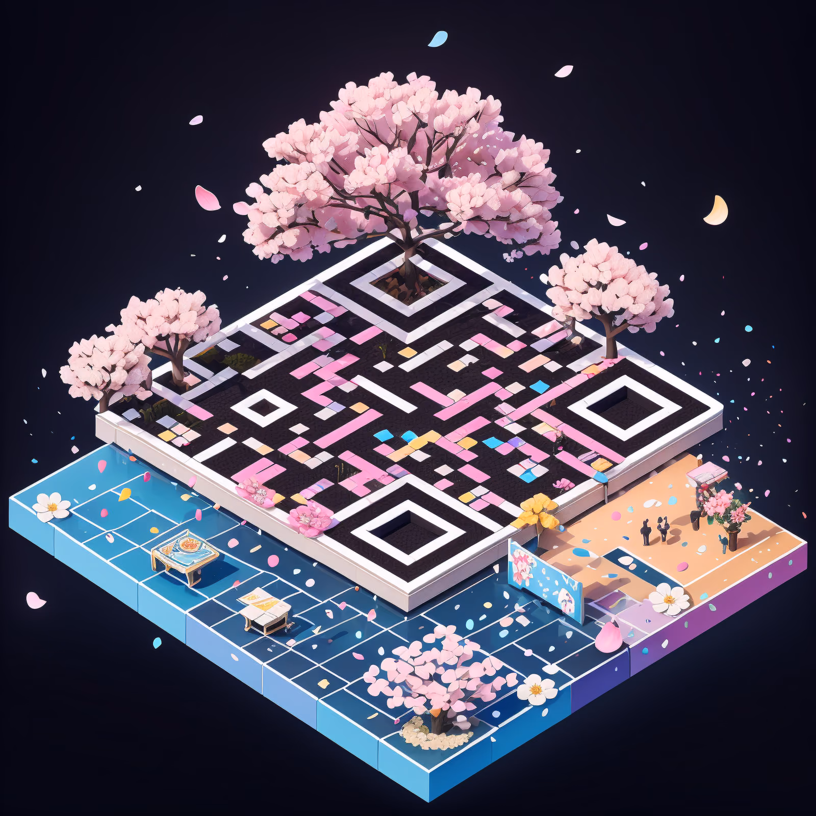 Isometric Cherry Blossom Plaza QR Code for Posters — image 1