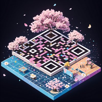 Isometric Cherry Blossom Plaza QR Code for Posters