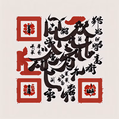 Red and Black Brush Calligraphy Emblem QR Code Art — image 1