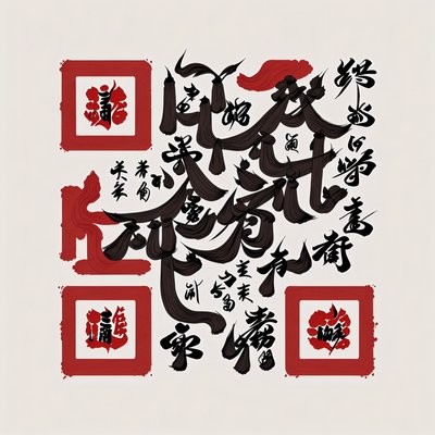 Красно-чёрная эмблема с каллиграфией кистью: QR-код