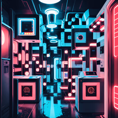 Неоновый фантастический коридор в ретрофутуризме: QR-код для плакатов — изображение 1