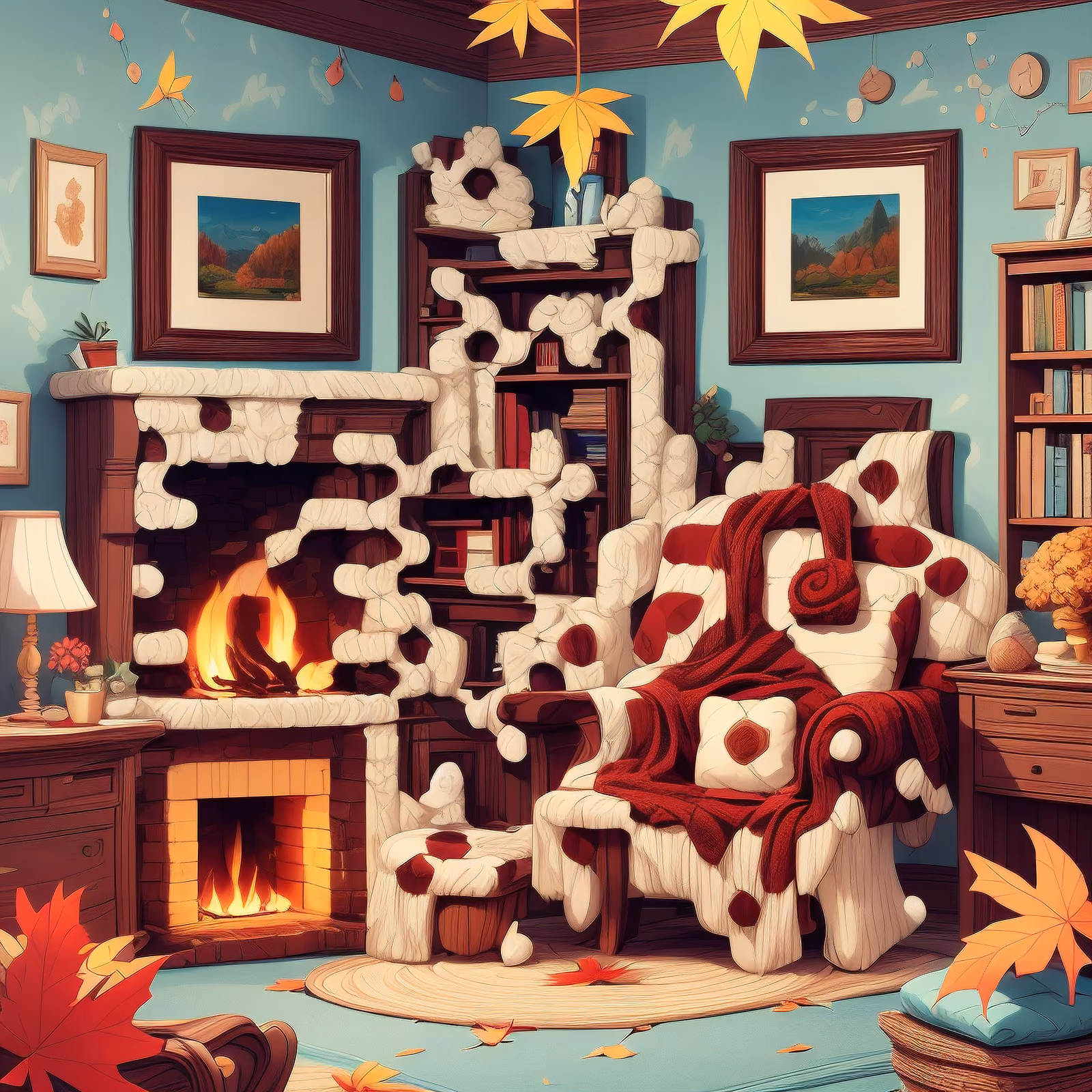 Autumn Living Room Fireplace Illustration QR Code Art — image 1