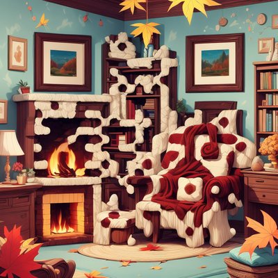 Autumn Living Room Fireplace Illustration QR Code Art