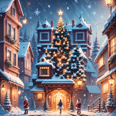 Snowy Christmas Village Digital Painting Santa Claus QR Code for Greeting Cards — image 1