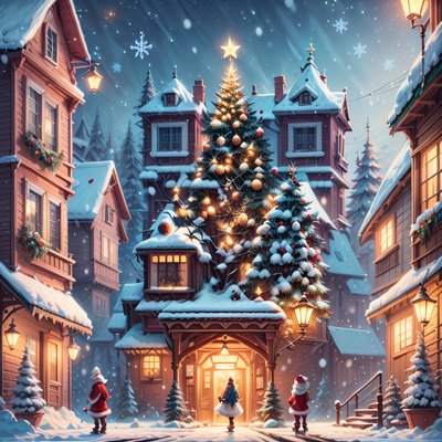 Snowy Christmas Village Digital Painting Santa Claus QR Code for Greeting Cards