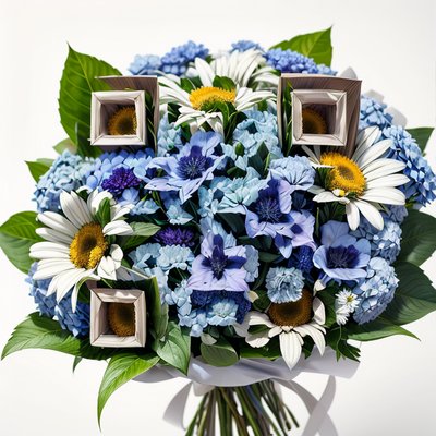 Blue Hydrangea Daisy Bouquet QR Code for Greeting Cards
