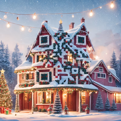 Snowy Pink Christmas Mansion QR Code for Greeting Cards — image 1