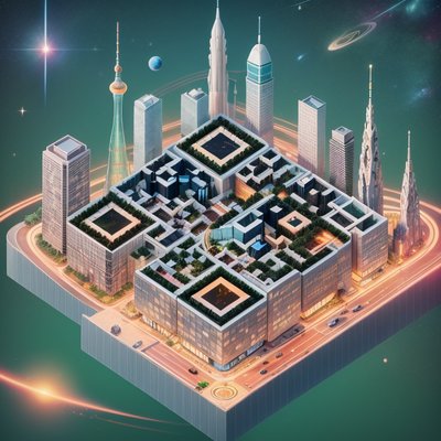 Изометрический космический город: 3D QR-код для постеров