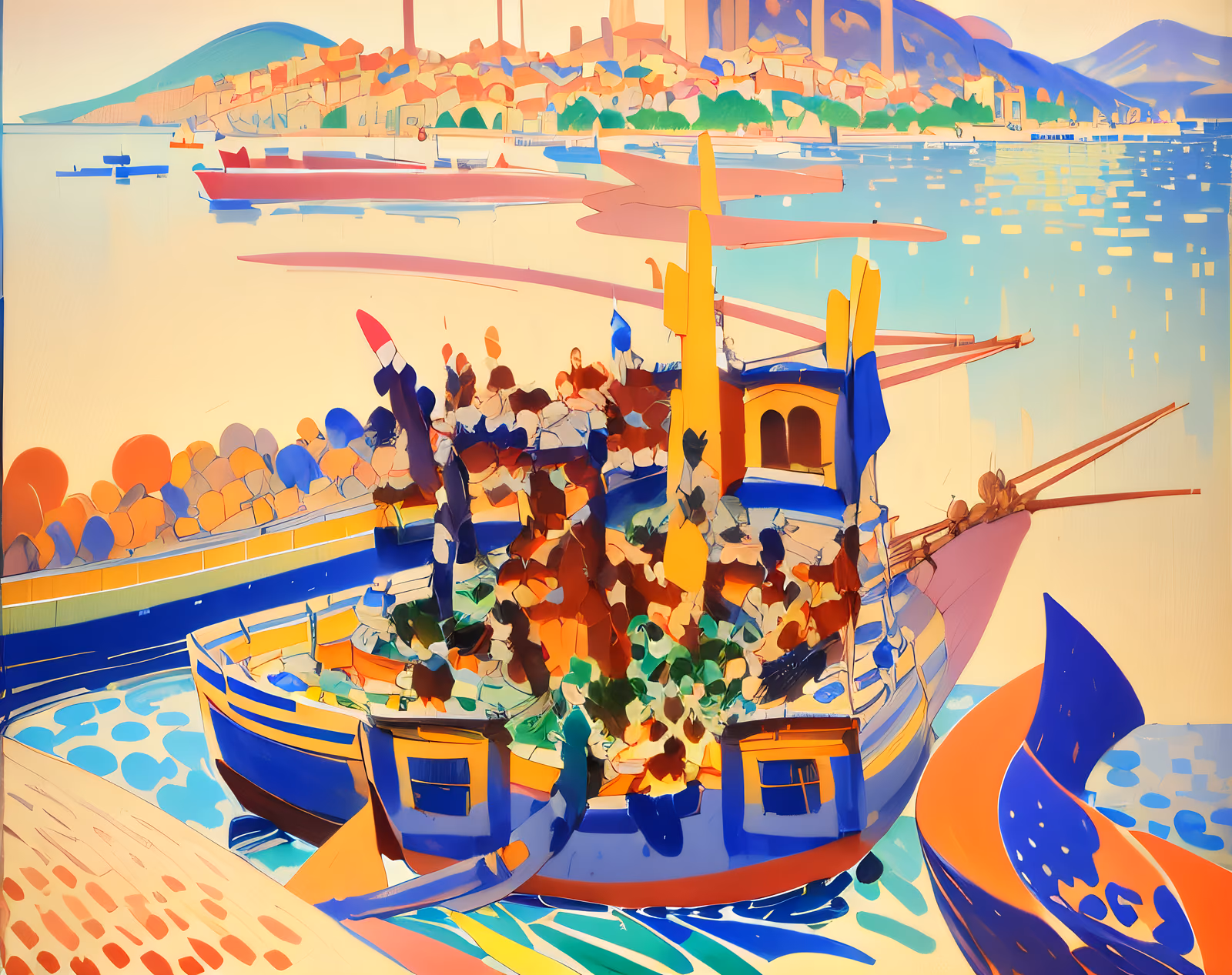 Mediterranean Harbor Boats Fauvist QR Code Art — image 1