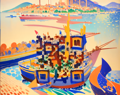 Mediterranean Harbor Boats Fauvist QR Code Art — image 1