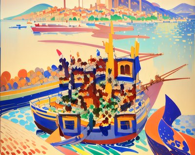 Mediterranean Harbor Boats Fauvist QR Code Art