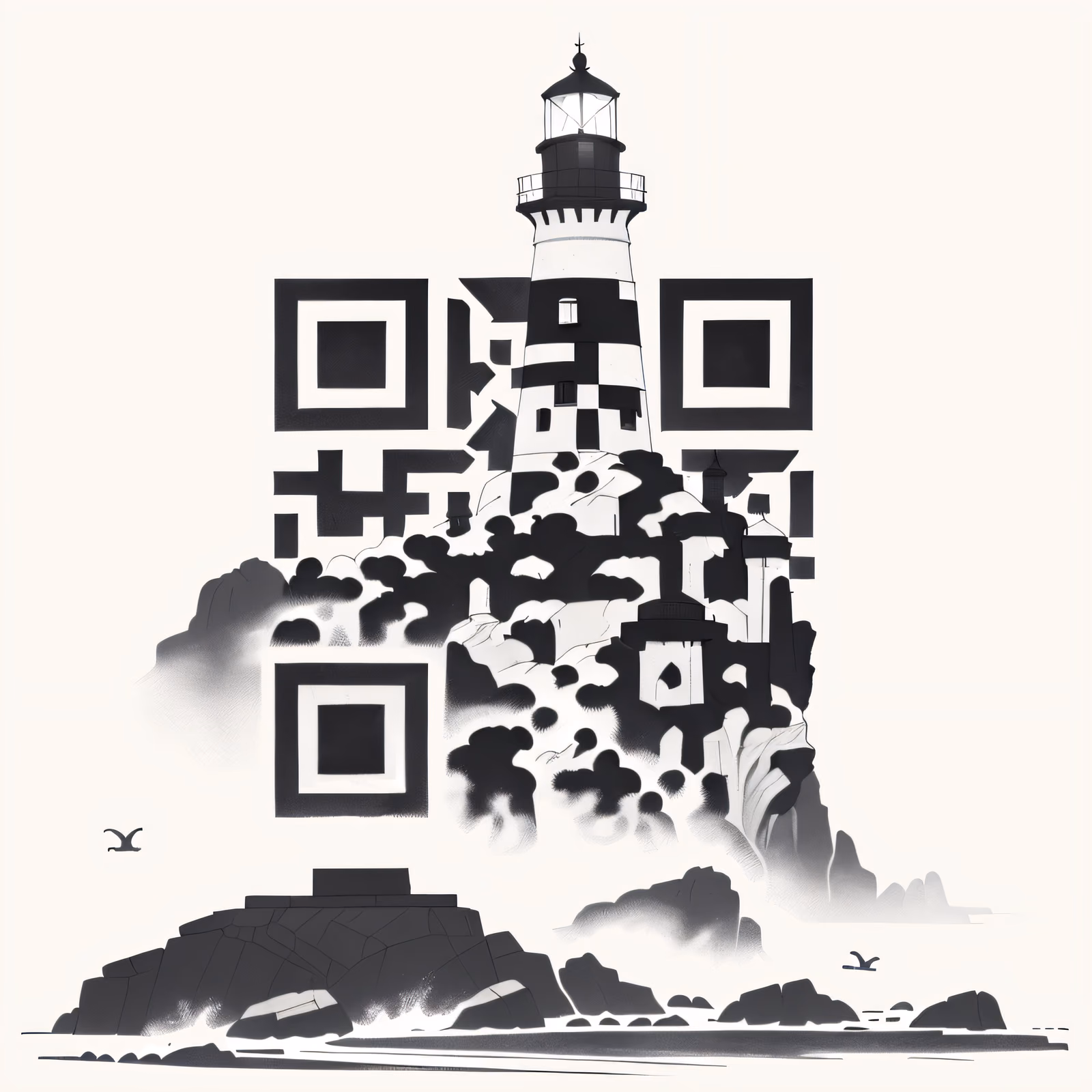 Lighthouse Rocky Coast Ink QR Code Art — image 1