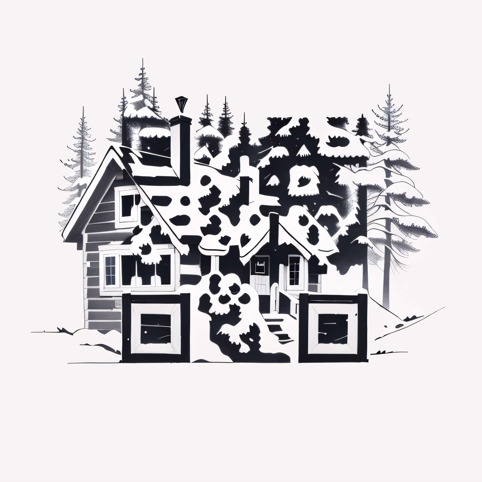 Заснеженная хижина в лесу, рисунок тушью: QR-код арт — изображение 1