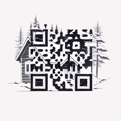 Заснеженная хижина в лесу, рисунок тушью: QR-код арт — изображение 1