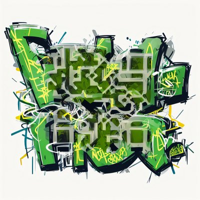 Зелёные граффити-буквы, уличное искусство, QR-код для стикеров
