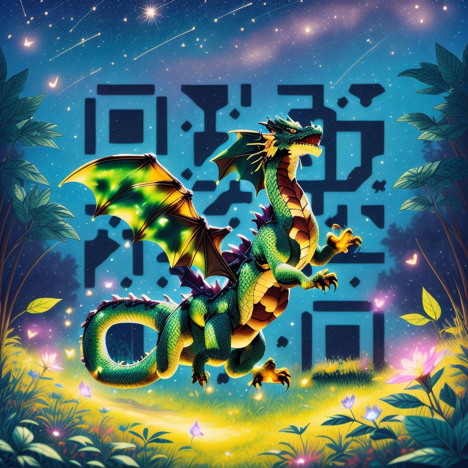 Зелёный дракон на волшебном лугу: фэнтези QR-код для постеров — изображение 1