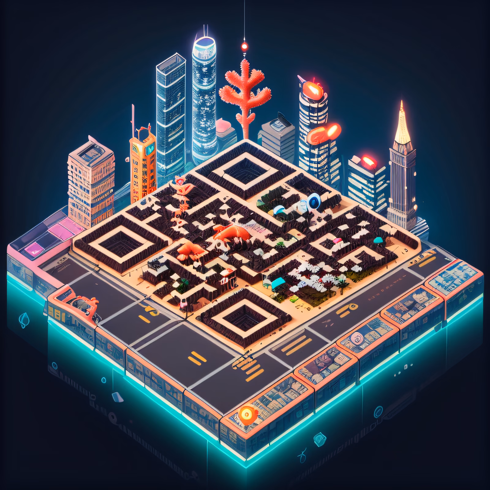 Isometric Neon Coral City QR Code Poster — image 1