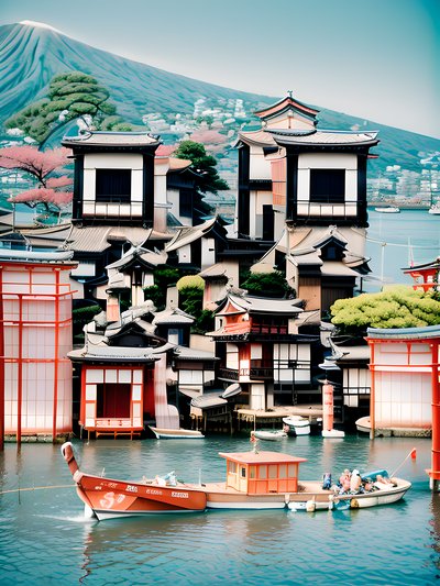 Japanese Harbor Village Film Photo QR Code for Posters