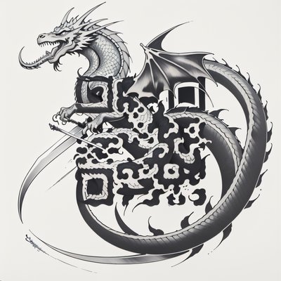 盘绕长剑的龙纹身风格二维码艺术,适合临时纹身