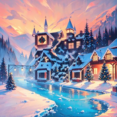 Snowy Christmas Village Painting River QR Code for Greeting Cards