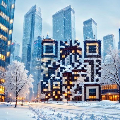 Заснеженный город с небоскрёбами: QR-код для постеров